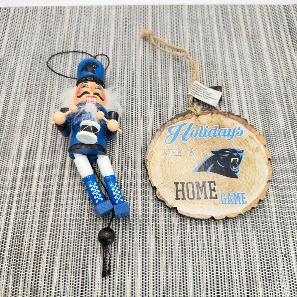 Carolina Panthers NFL Christmas Ornaments Set Pull String Nutcracker Wood Slice